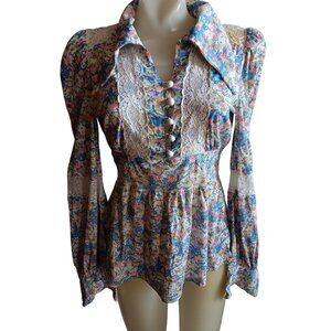 Women's Medium 1OF1 Peplum Blouse Vintage Boho Peasant Floral Lace Trim Tie Back